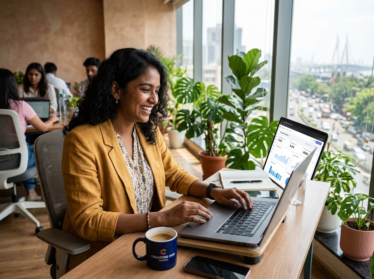 Young Indian creator using Instagram DM automation tools in Mumbai coworking space