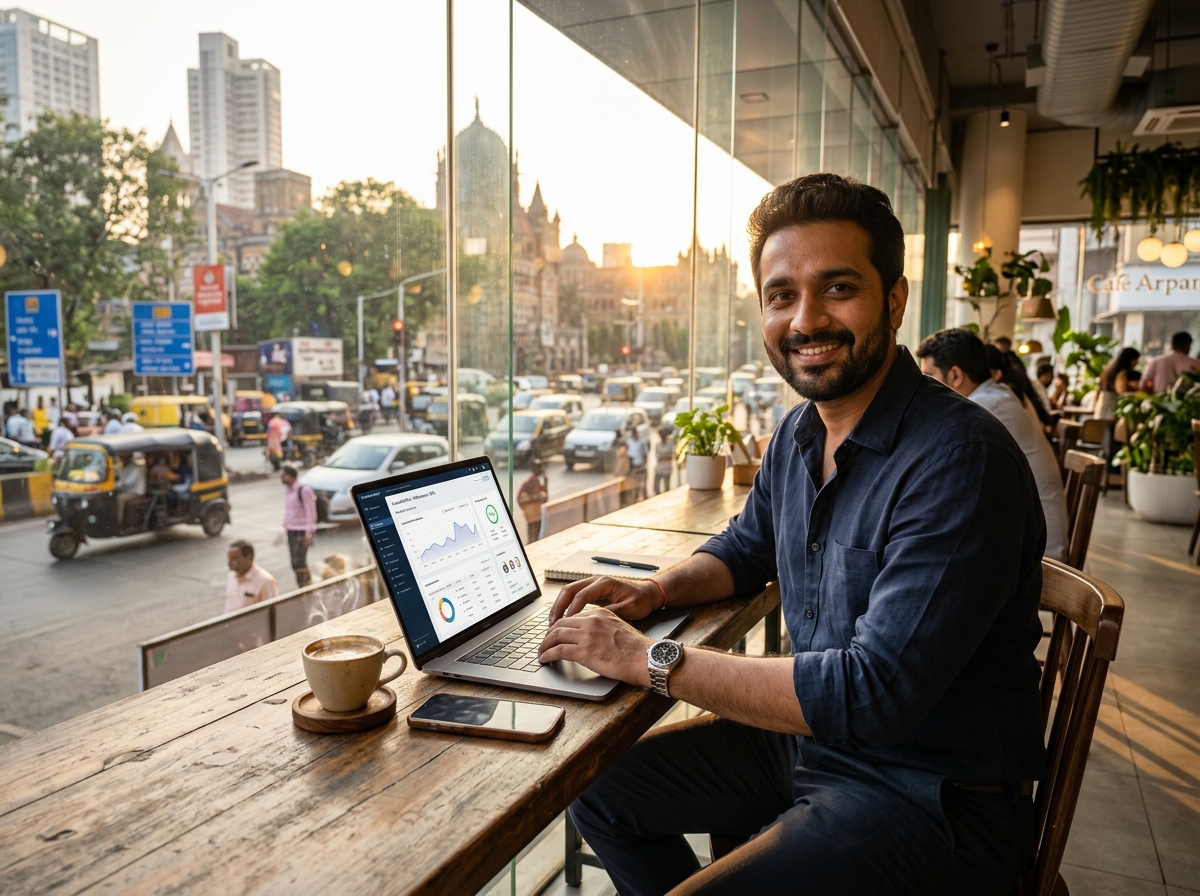 Indian entrepreneur managing Instagram automation at Mumbai cafe with laptop