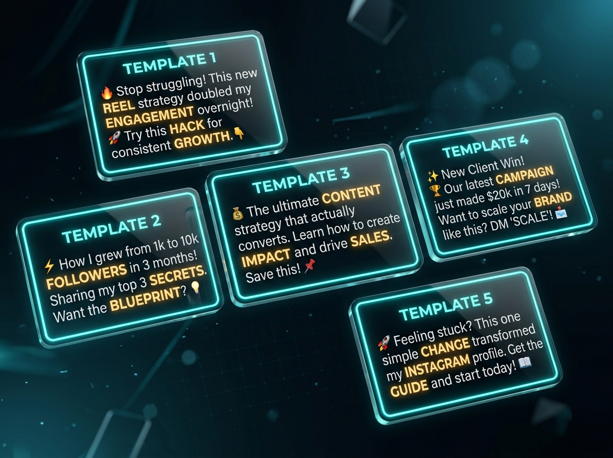 Five niche Instagram caption templates as floating glass cards with keywords