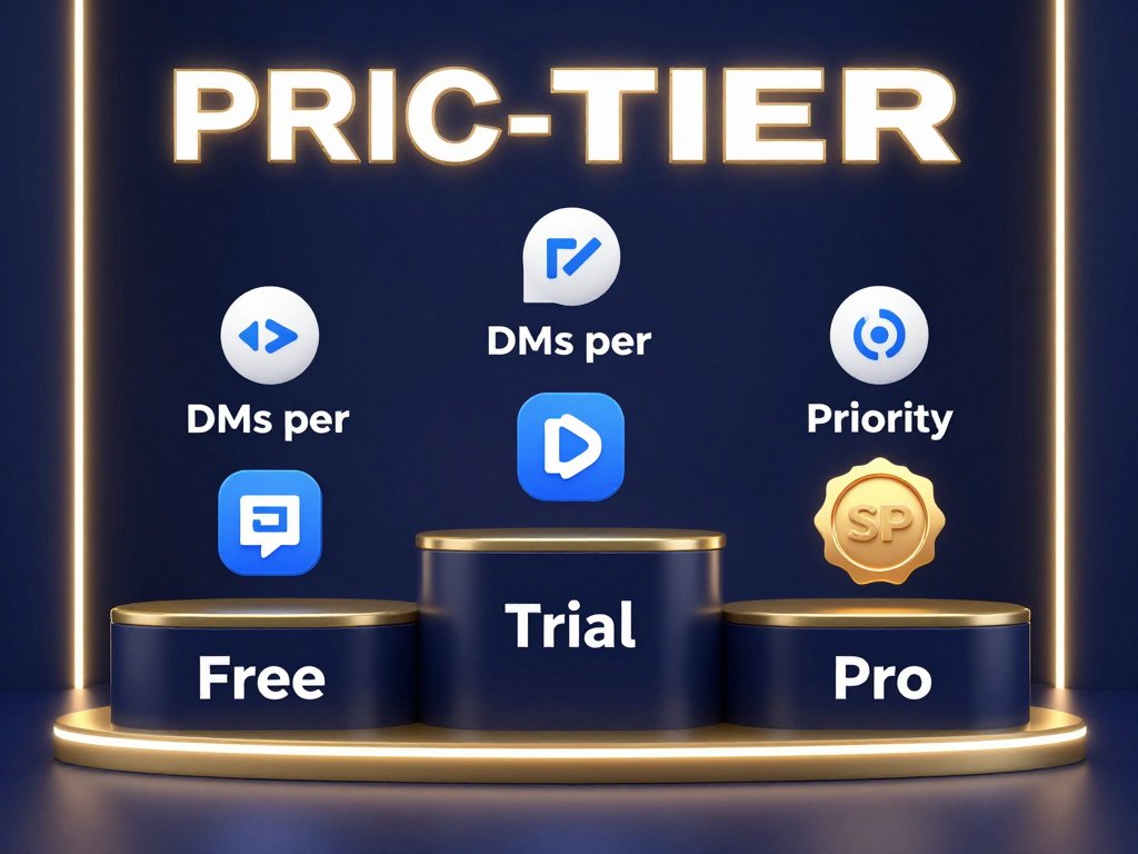 3D render of QuickDM pricing tiers as stepped platforms with feature icons