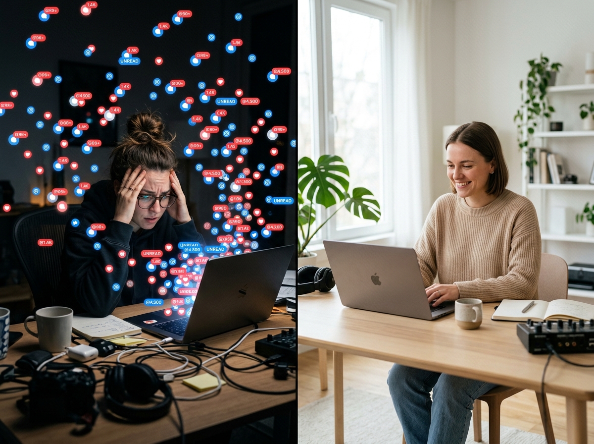 Manual DM overload versus automated calm workflow comparison