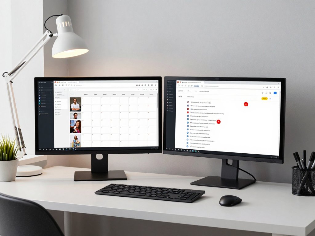 Creator managing content scheduling and DM automation on dual screen setup
