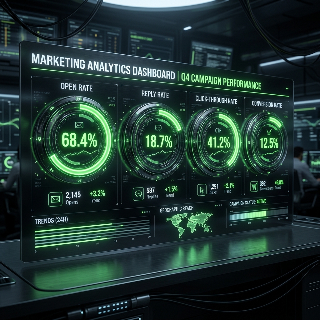 Instagram DM automation analytics dashboard with performance gauges
