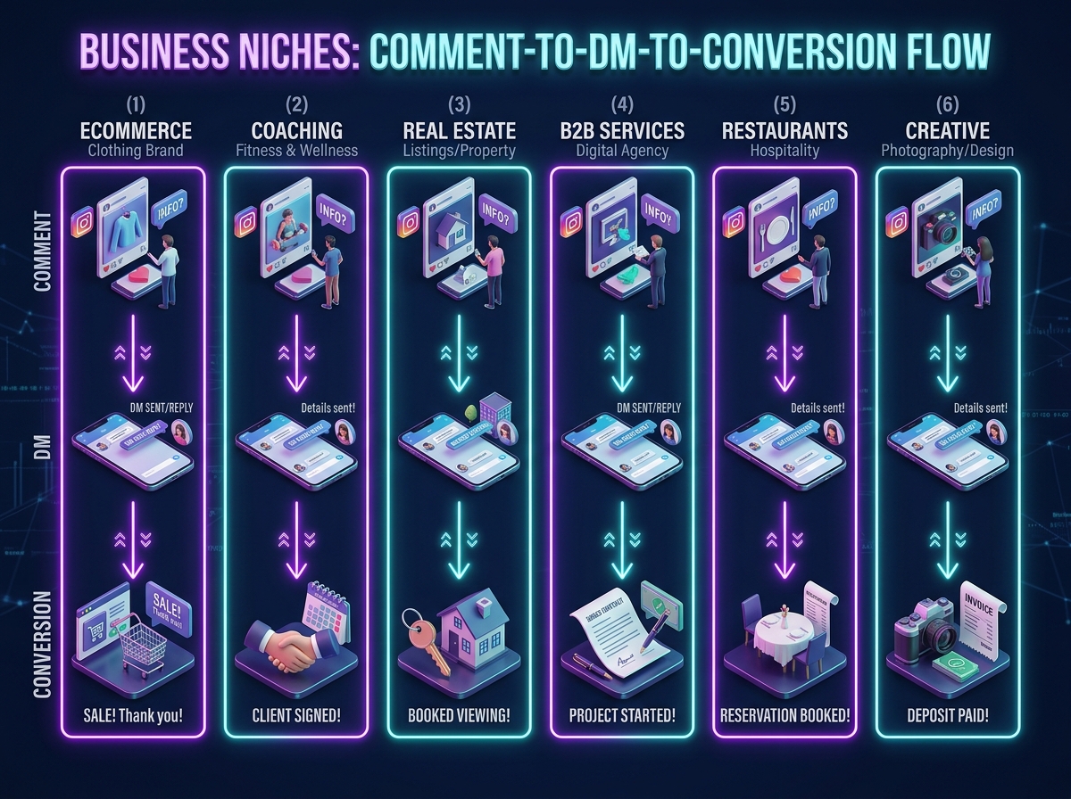 Six niche business automation playbooks as vertical flow diagram lanes