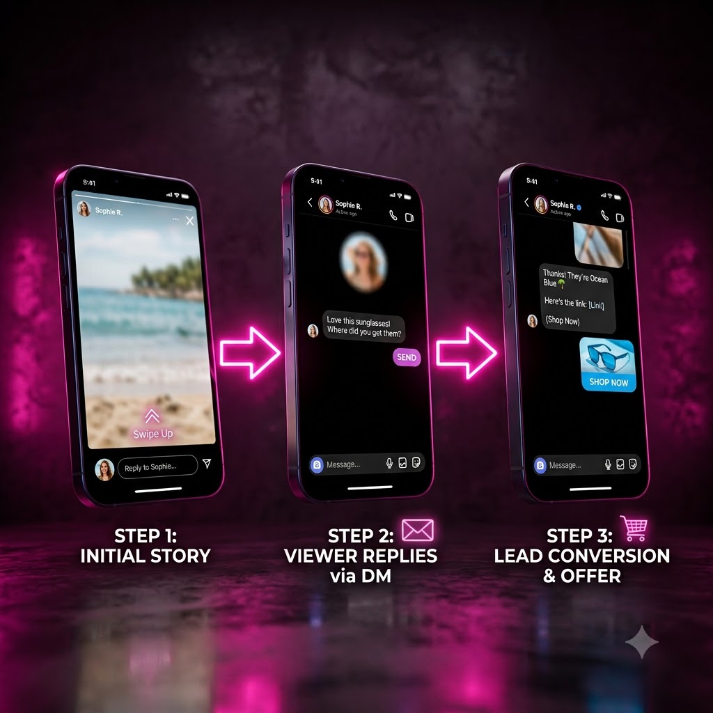 3D sequence of phones showing story reply funnel steps