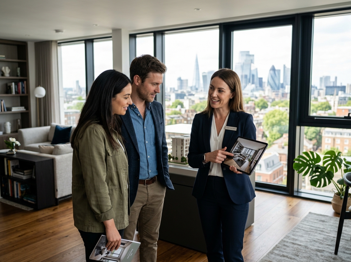 Real estate agent showing property on tablet to client