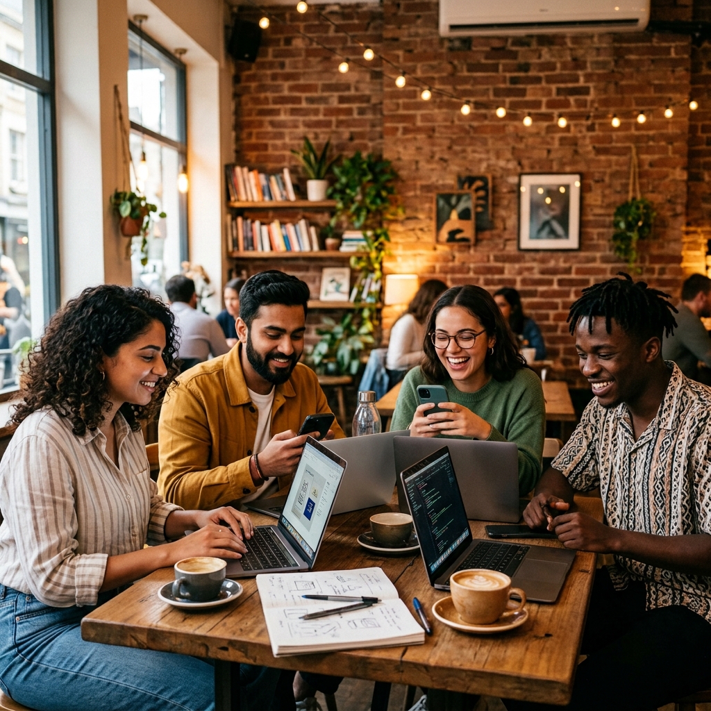 Diverse creators satisfied with Instagram DM automation results in cafe