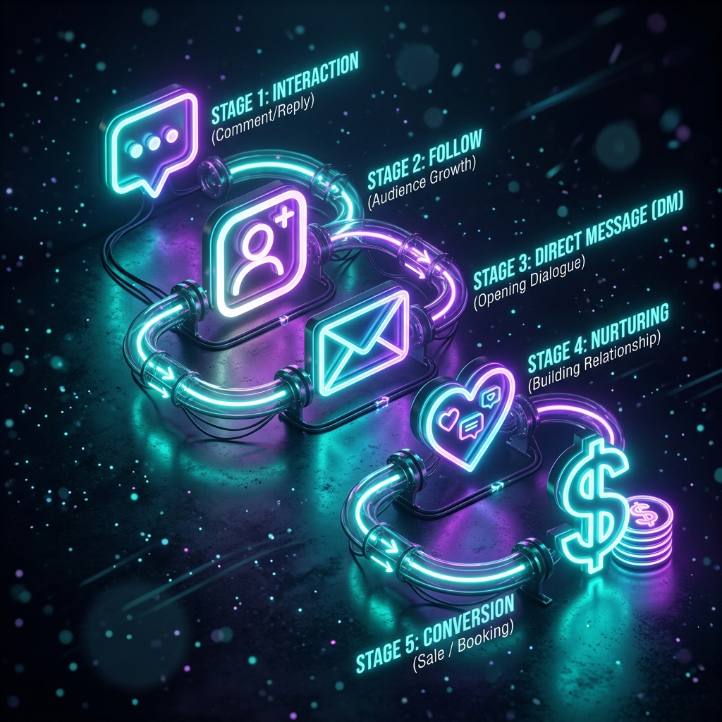 Five stage Instagram DM automation funnel pipeline diagram