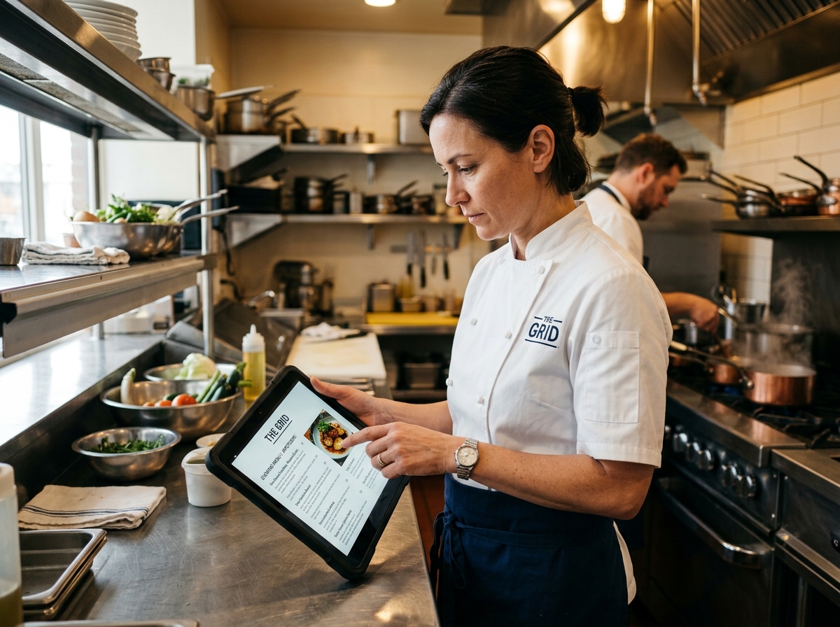 Restaurant chef reviewing digital menu on tablet