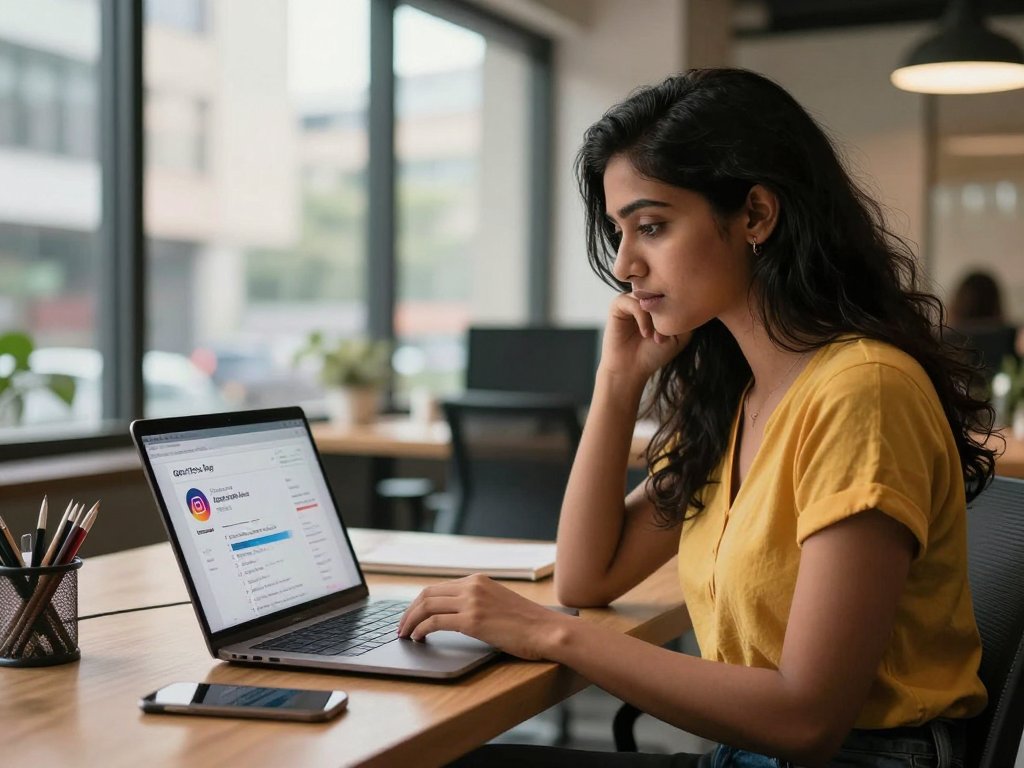 Indian Instagram creator reviewing DM automation campaign results on laptop