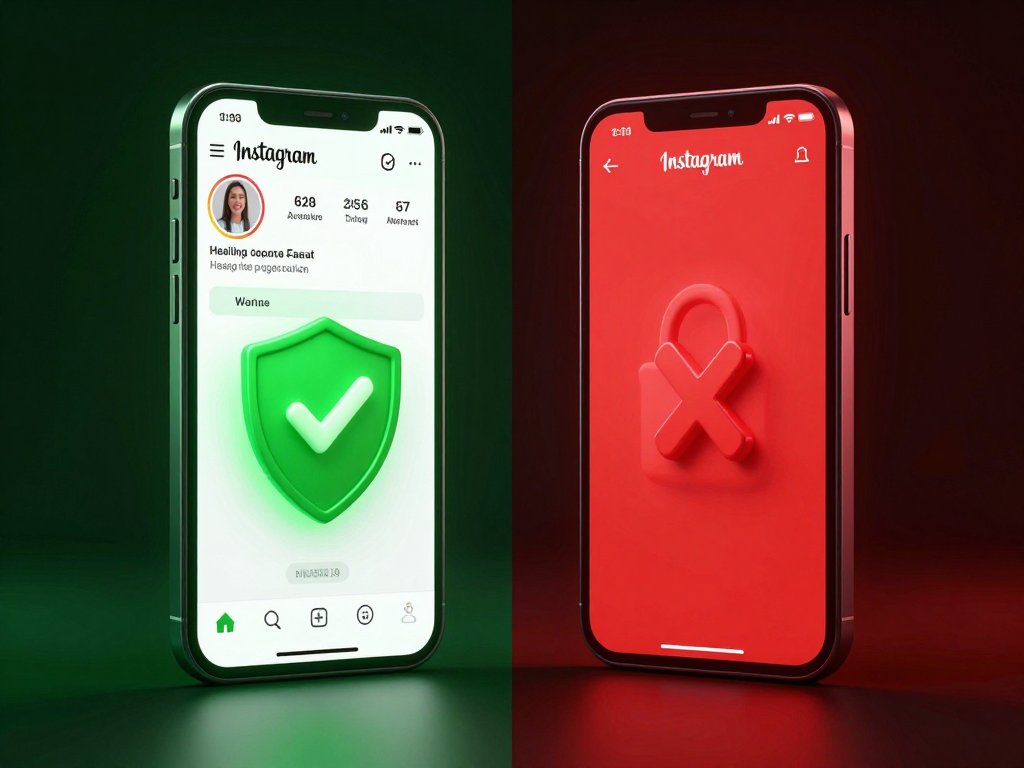 Split screen showing safe Instagram account versus banned account warning