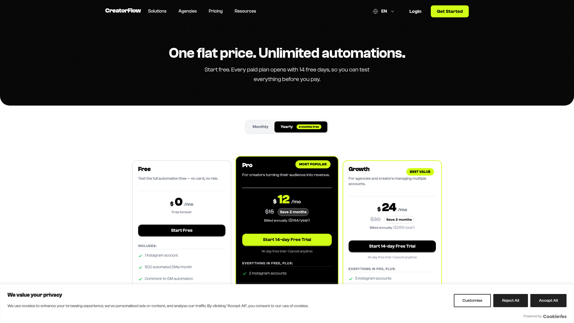 CreatorFlow pricing page screenshot