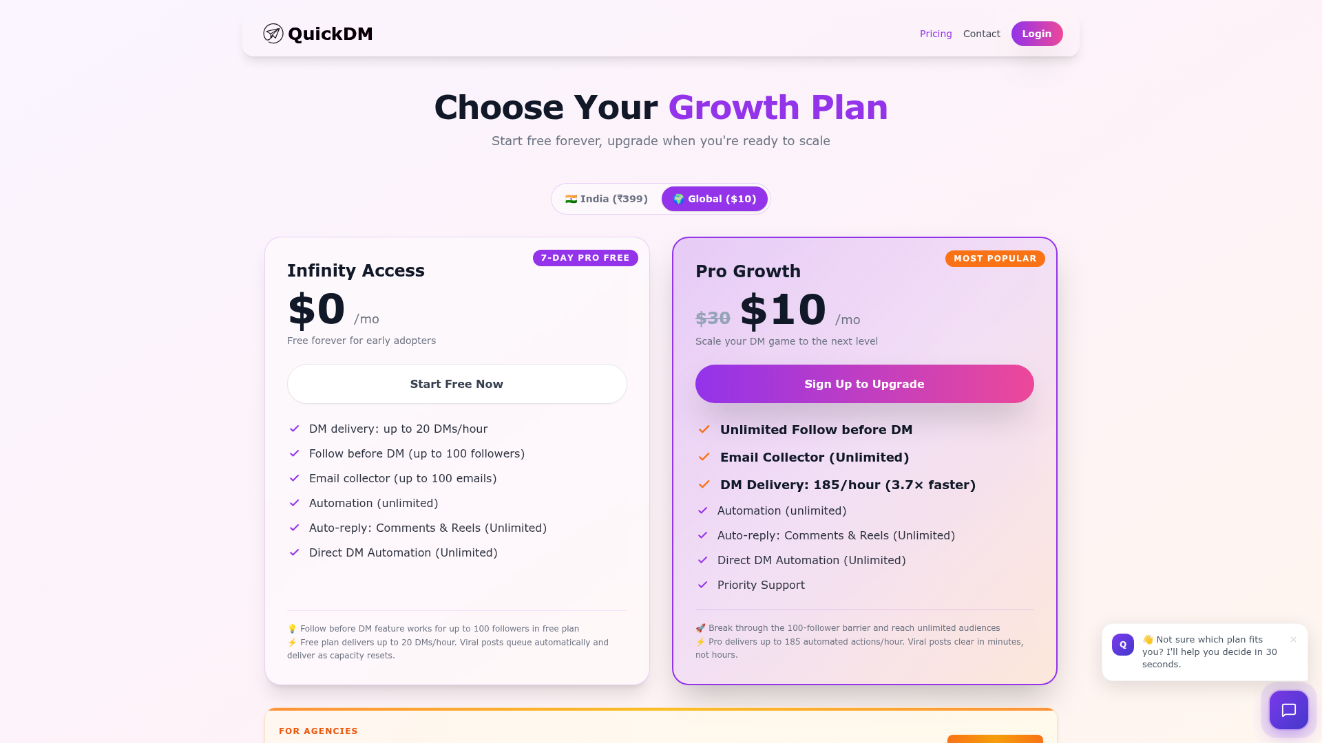 QuickDM pricing page — Free vs Pro plan comparison