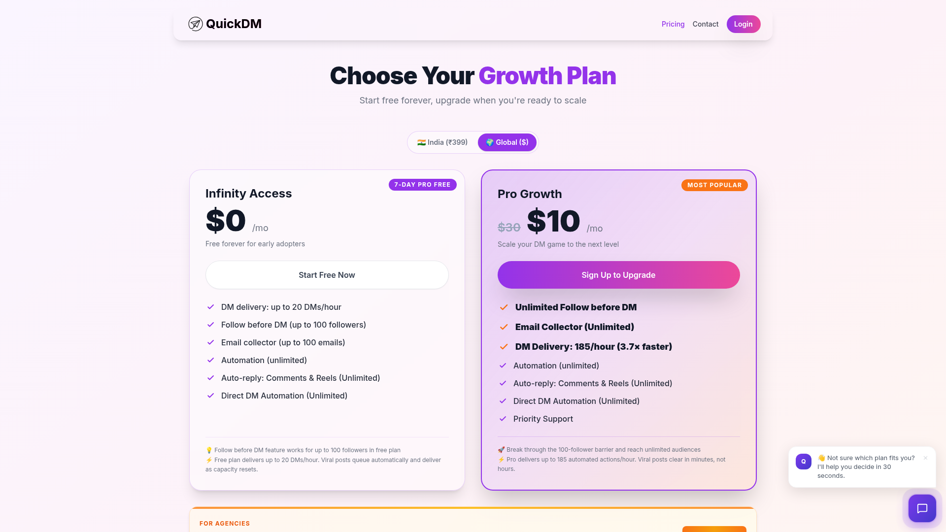 QuickDM pricing page — Free vs Pro plan comparison